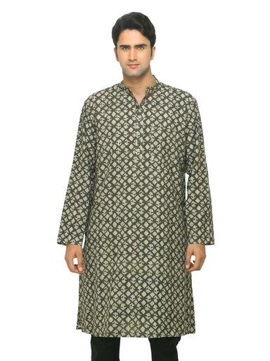 Fabindia Men Printed Olive Kurta